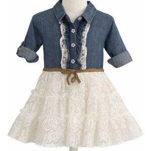 Little Lass Baby Denim & Lace Dress 12M Chambray Button Front Tiered Lace Skirt